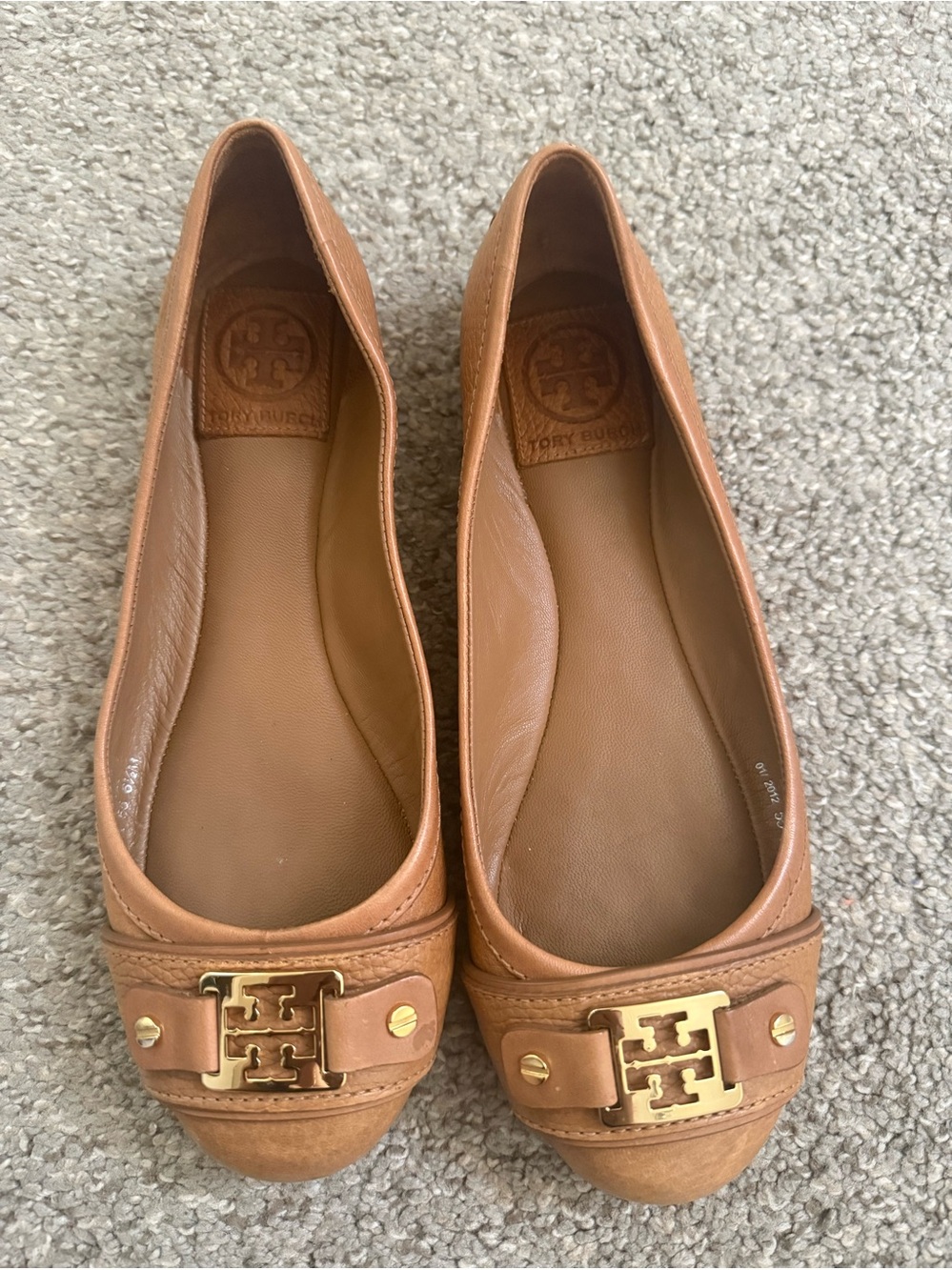 Tory Burch Camel Leather Logo Cap-Toe Flats